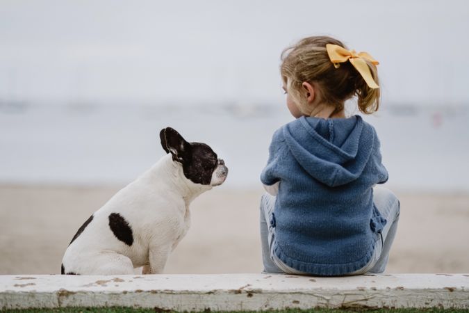 small girl near dog on beach