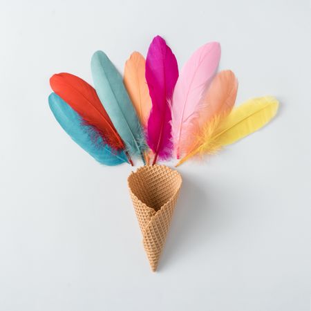 Colorful feathers with waffle cone on light background