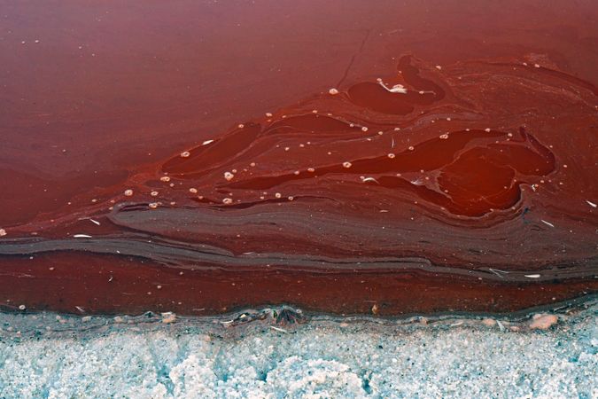 Salt on shore of red lake