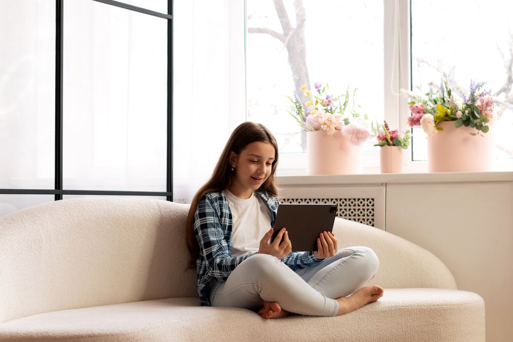 Girl smiling during video call on tablet sitting indoors.