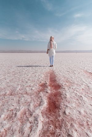 Thoughtful relaxed tourist enjoying unusual scenery of pink salt lake