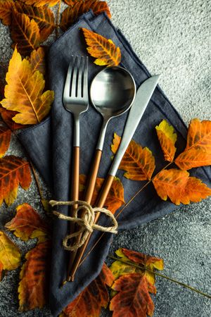 Navy napkin with cutlery and dried autumn leaves