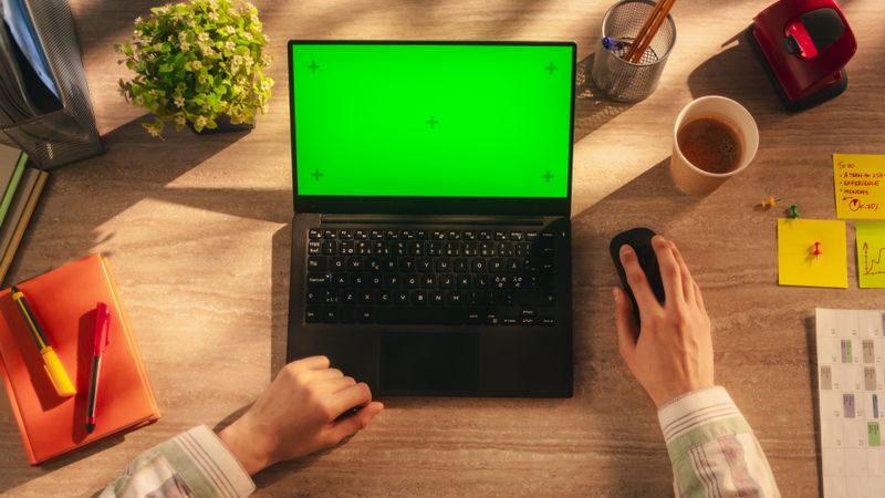 Anonymous Small Business Owner Using Laptop Computer with Mock Up Green Screen Chromakey Display with Placeholders. Man Sitting Behind a Wooden Desk, Browsing Internet, Using a Mouse. Top Down View