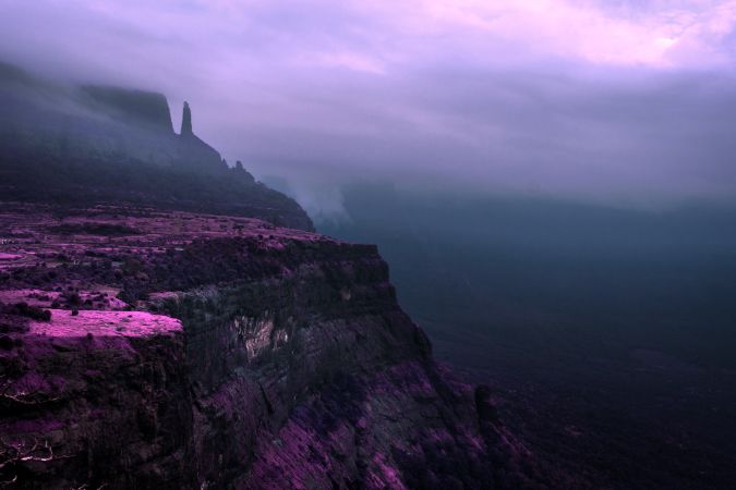 Beautiful infrared landscape of the green hills and valleys at Malshej Ghat in Maharashtra, India