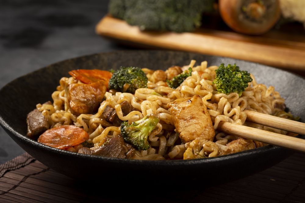 Yakisoba noodles. Yakisoba dish with meat, chicken and vegetables.