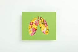 Lung shape cut out of green paper with yellow flowers underneath, pollen concept