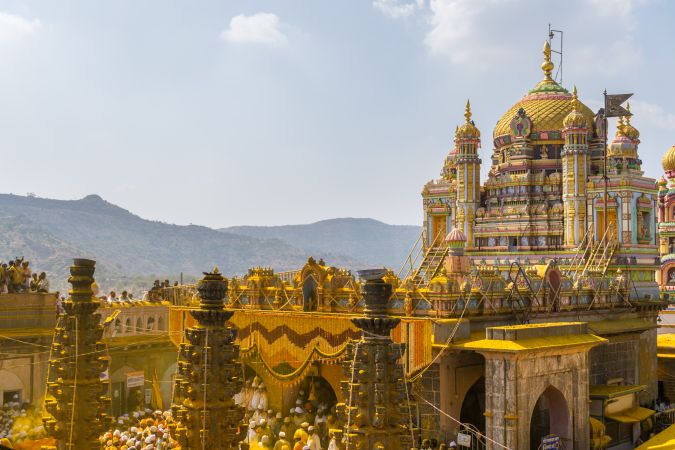 Jejuri, Maharashtra, India - Dec 30, 2024: Palkhi of Lord Khandoba at the famous and beautiful Khandoba temple at Jejuri during the festival of Somvati Amavasya