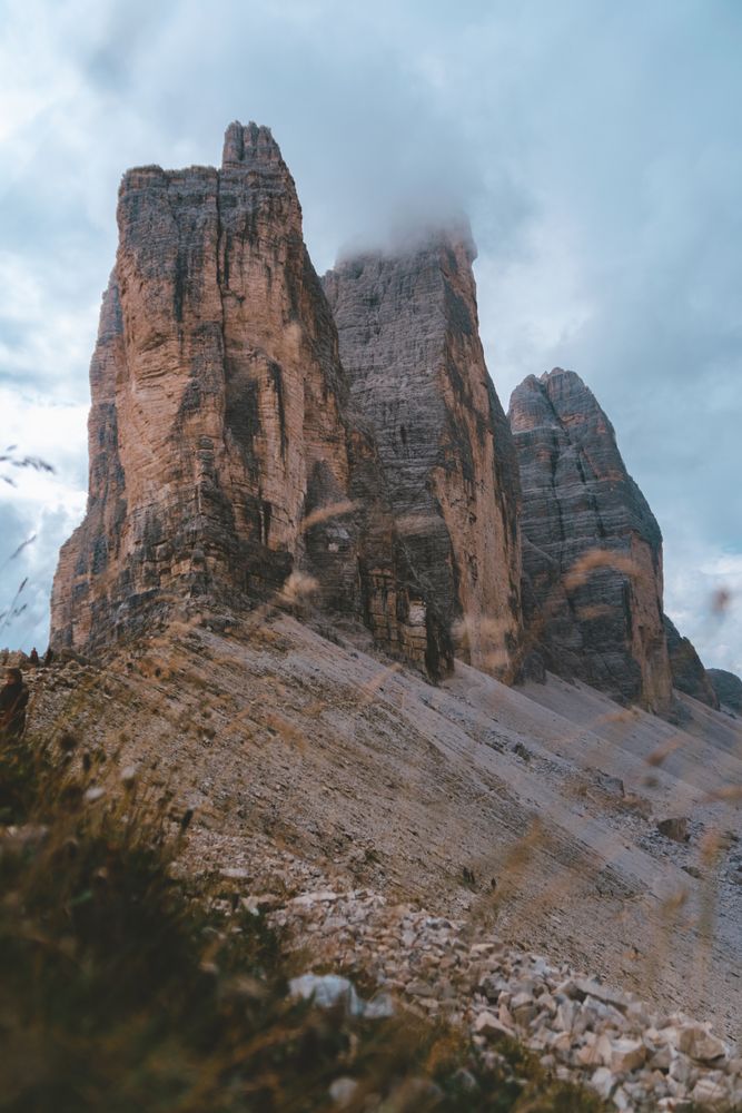 Tre cime di Lavaredo in Dolomites during cloudy weather