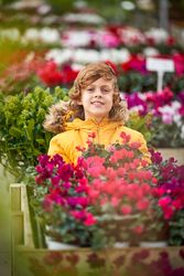 Smiling little boy sitting on bench in garden center