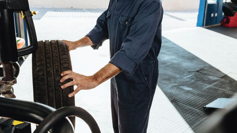 Man inspecting the tire grip in workshop
