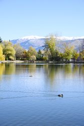 Mountain landscape, lake and mountain range, vertical