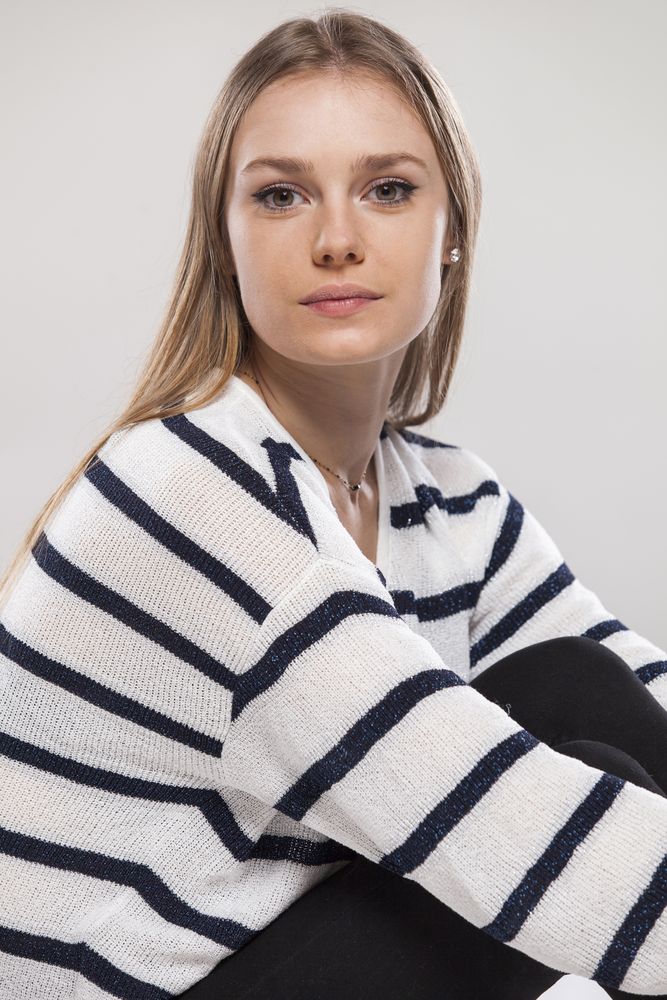 young woman in striped clothing