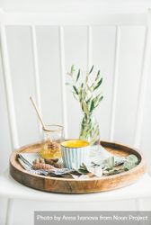 Wood tray with morning latte and raw honey 5qOvab