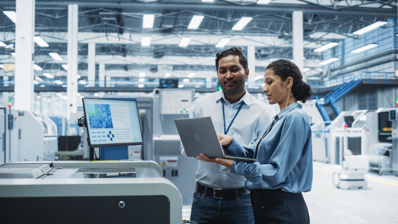 Male and female colleagues with laptop at store check out