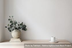 Minimal breakfast still life cup of coffee, tea, empty wall in sunlight table, vase with silver eucalyptus leaves, branches on old books 5wzNA0