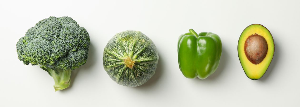 Fresh vegetables and fruits on blank background, top view