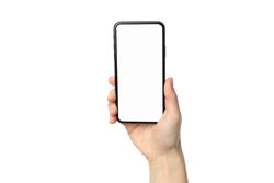 Female hand holding phone with empty screen, isolated on plain background