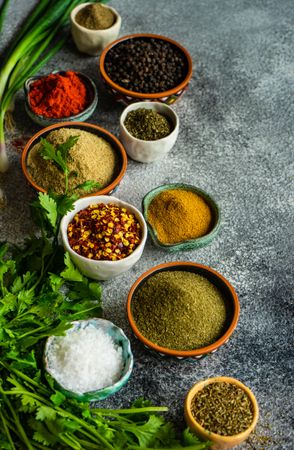 Traditional Georgian spices in bowls on counter