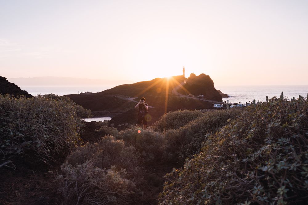 Photographer walking on seaside at sunset