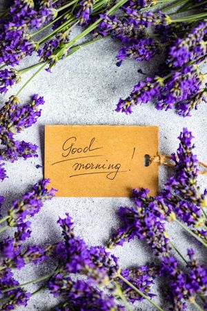 Lavender flowers with "good morning" note