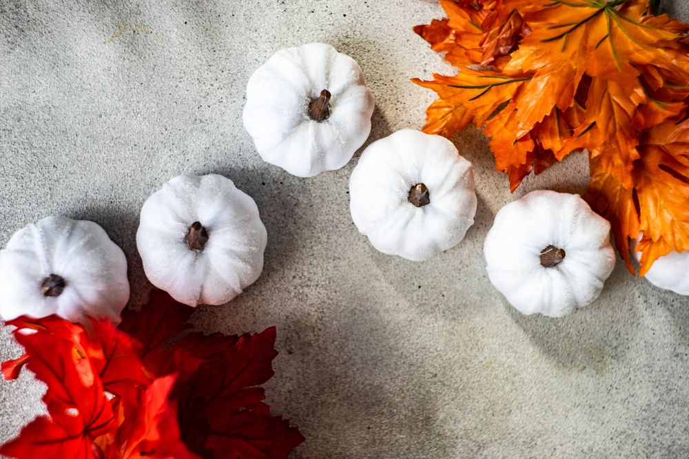 Scattered autumn leaves with light pumpkin decorations