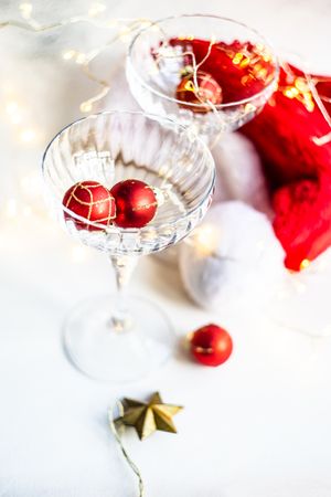 Champagne glass and Christmas ornaments