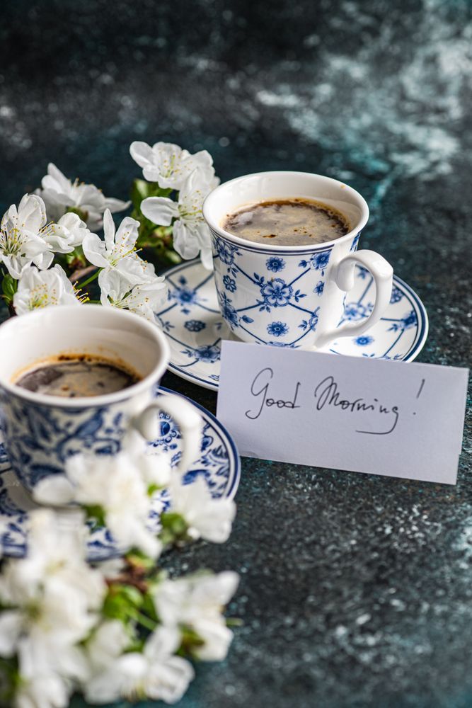 Morning coffee for couple with cherry blossom