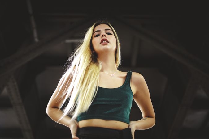 Blonde cheerful model standing and looking at camera