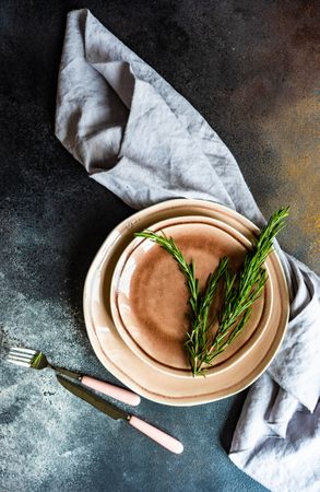 Ceramic plate set with fresh rosemary