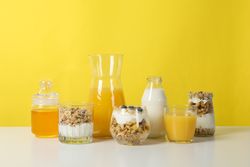 Tasty and nutritious breakfast concept - muesli with yogurt