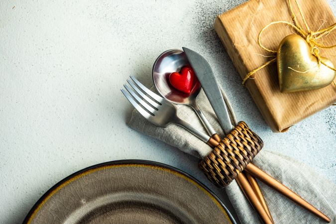 St. Valentine day cutlery with small heart and present