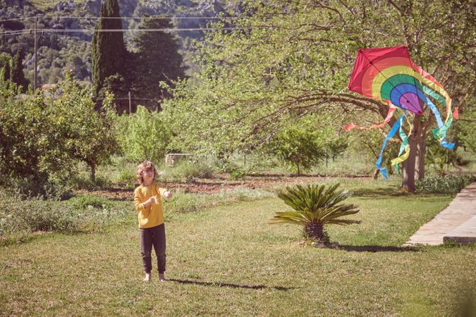 Boy with kite walking in park