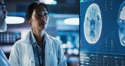 Neuroscience Laboratory Meeting: Close-Up Female Asian Scientist And Male Surgeon Discussing MRI Brain Scan On TV Display.