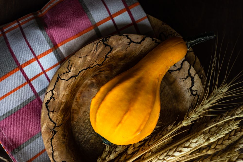 Top view of rustic plate with wheat chaff and squash