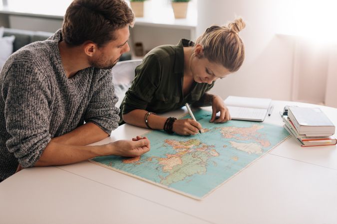 Couple planning trip with world map