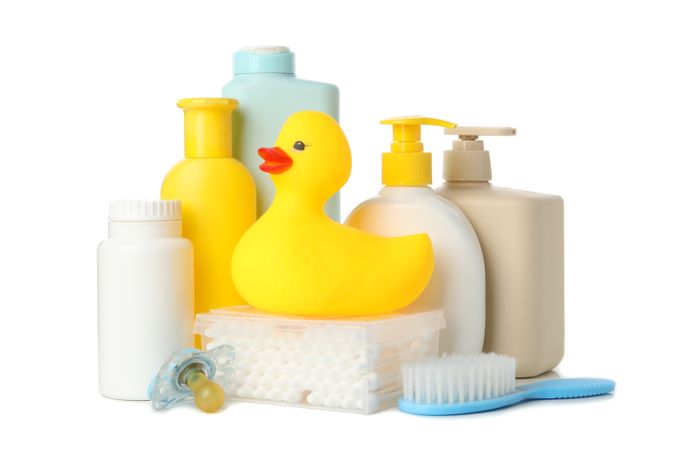 Baby hygiene accessories isolated on blank background
