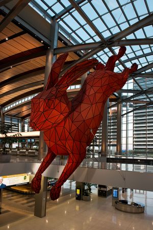 Geometric red rabbit sculpture at the Sacramento Airport