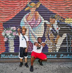 Two men in front of the "Sophisticated Lady" mural, Harlem, New York Q4dQNb