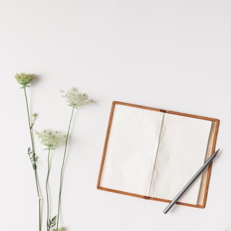 Flowers arranged on light background with vintage notebook