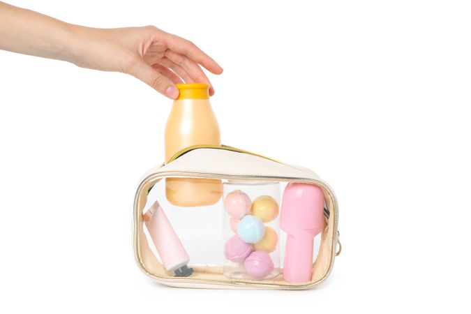 Bath accessories, toilet bag, isolated on plain background
