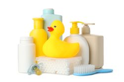 Baby hygiene accessories isolated on blank background