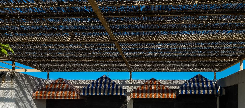Thatched roof over beach stalls