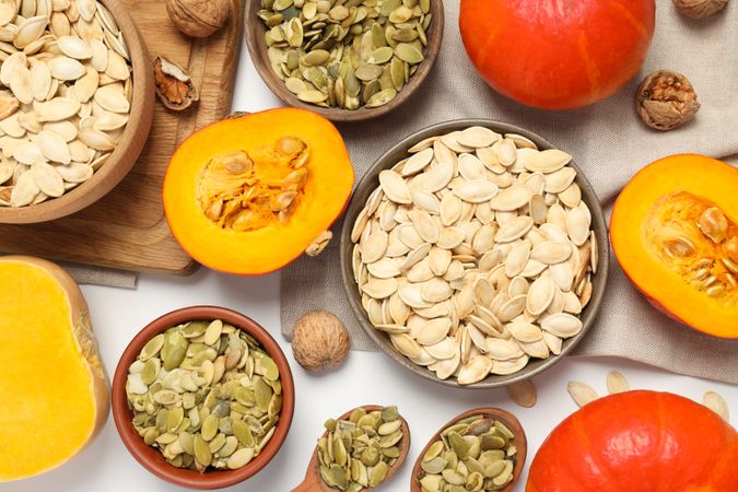 Concept of Autumn vibe food, Pumpkin, Pumpkin seeds