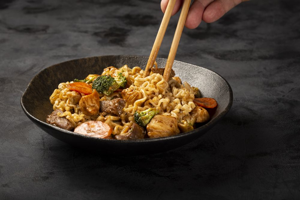Yakisoba noodles. Yakisoba dish with meat, chicken and vegetables.