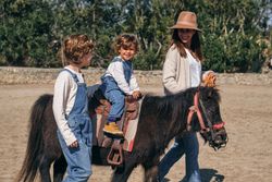 Young woman with sons walking in paddock near pony in sunlight