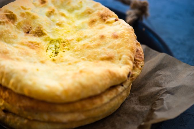 Close up of traditional Georgian cheese pie - imeruli khachapuri