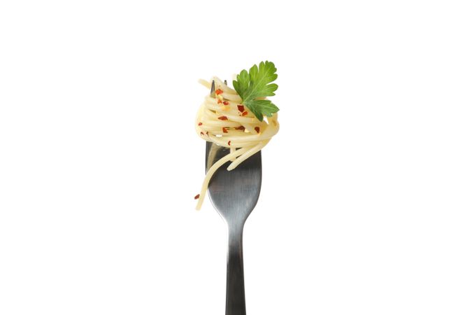 Fork with tasty pasta isolated on plain background