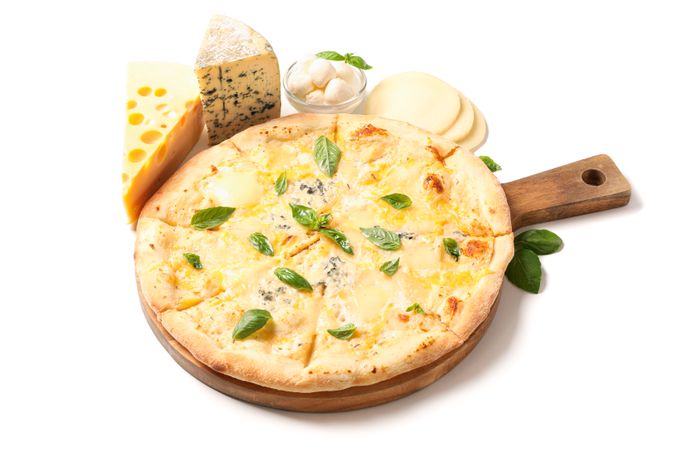 Tasty cheese pizza on wood board and ingredients isolated on plain background