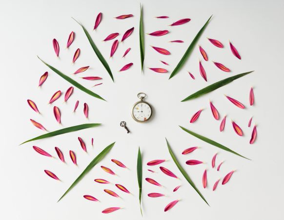 Colorful bright pattern of petals and leaves surrounding hand clock and key