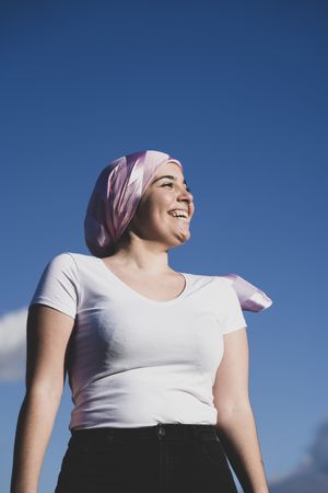 Young woman with cancer headwrap